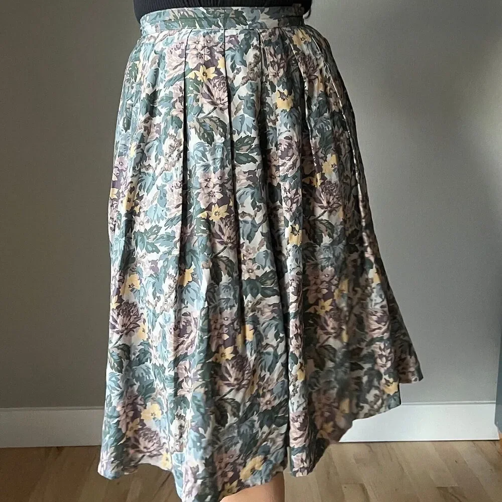 Vtg 80s J.G. Hook‎ Green Floral Preppy Full A-Line pleated Skirt retro size 6